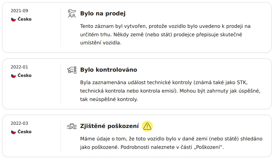 Ukázka časové osy v reportu carVertical
