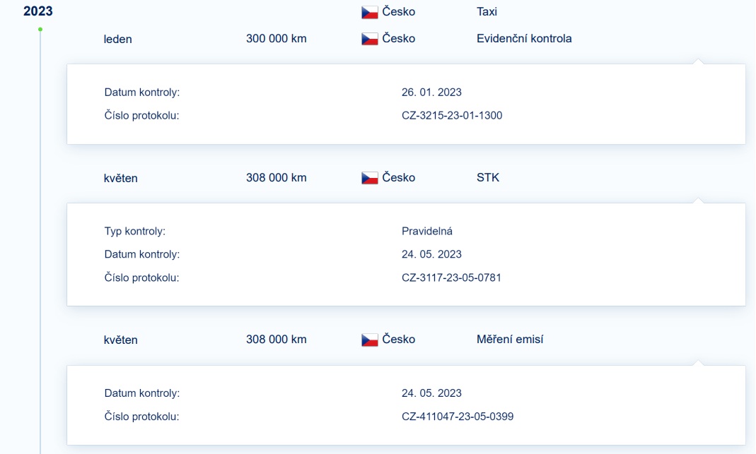 Ukázka historie vozidla v reportu Cebia